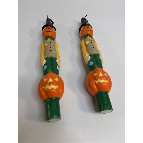 Vintage Halloween Scarecrow Figural Candles 10" Orange Pumpkin Unused 2 pack - Picture 3 of 6